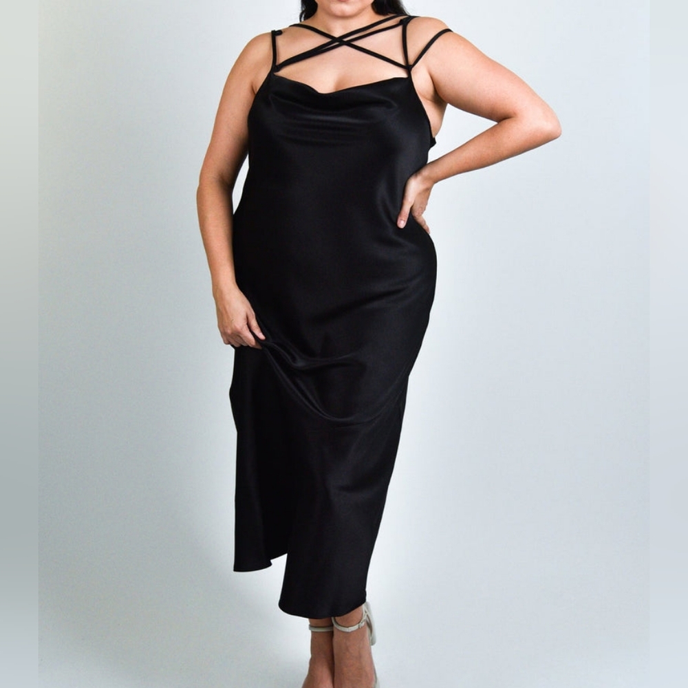 Baacal Black Satin Slip Dress 1 (10-12) Sleeveless Bias Cut TieMeUp